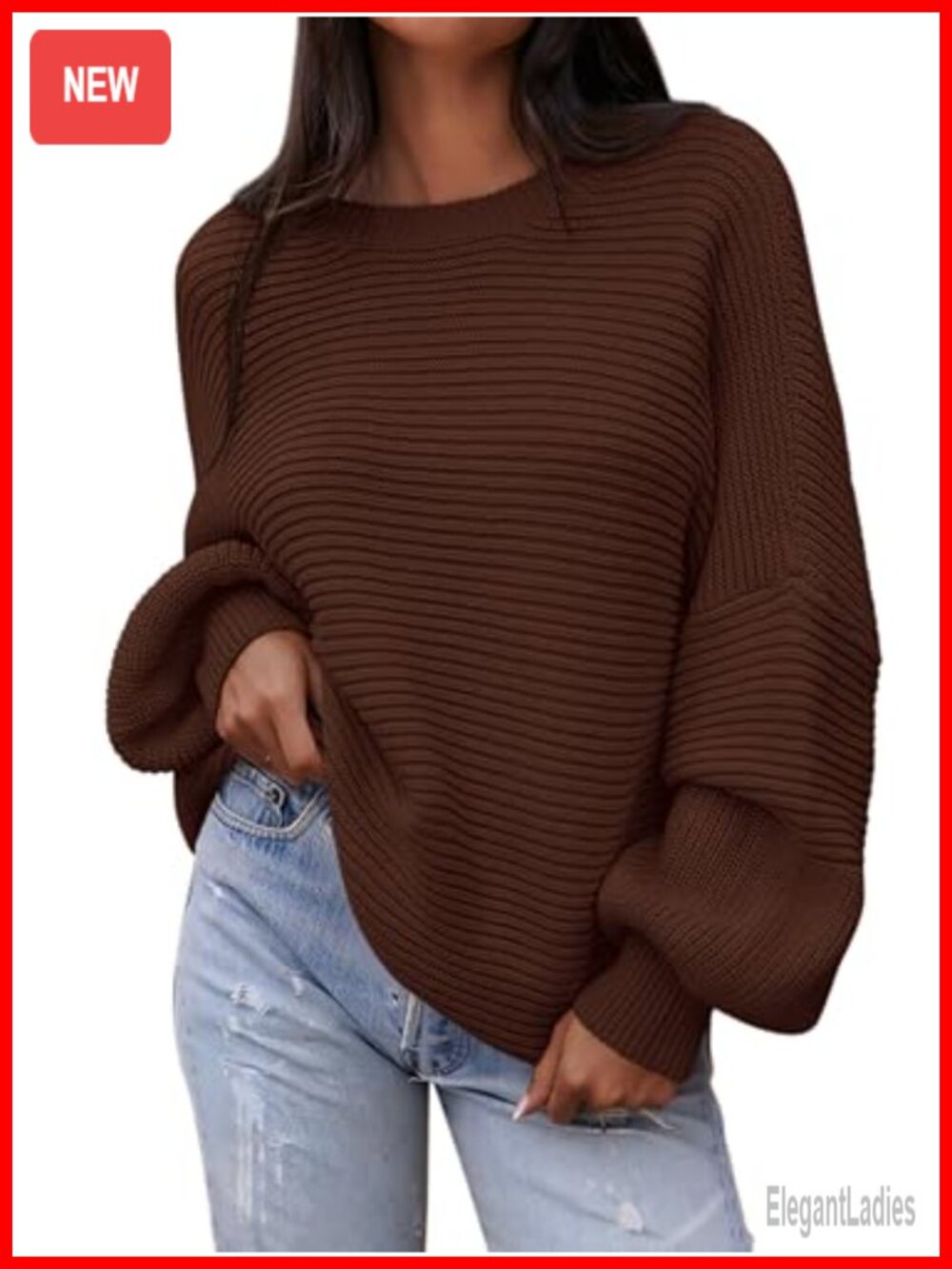 Oversized Chunky Knit Lantern Sleeve Crewneck Pullover Sweater